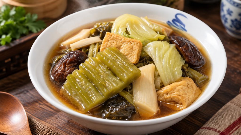 Bowl of Jay braised vegetables with tofu and mushrooms