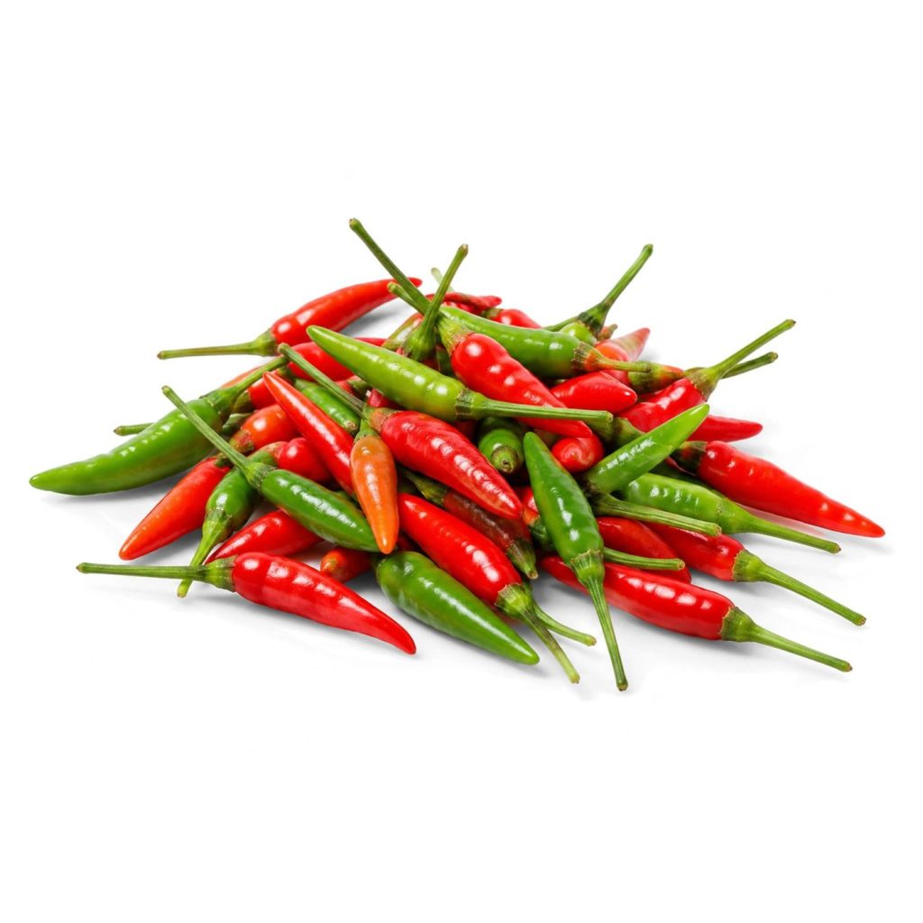 Red and green Prik Kee Noo Thai bird’s eye chillies