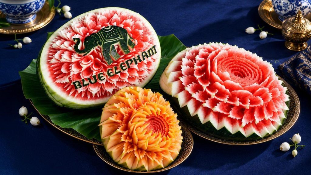 Thai fruit carving of watermelon and papaya flowers with the Blue Elephant logo