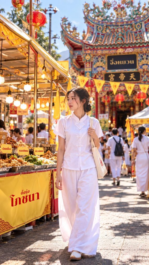 Woman dressed in white walking past yellow festival stalls near a Chinese shrine