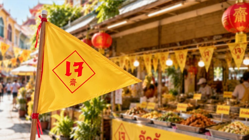 Yellow Jay flag with red lettering above a Vegetarian Festival food market